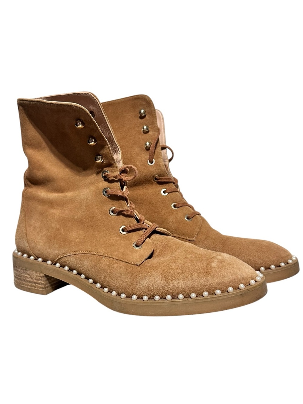 Stuart Weitzman Sondra pearl  Tan Suede Lace-Up Pearl-Trim Ankle Boots combat 9